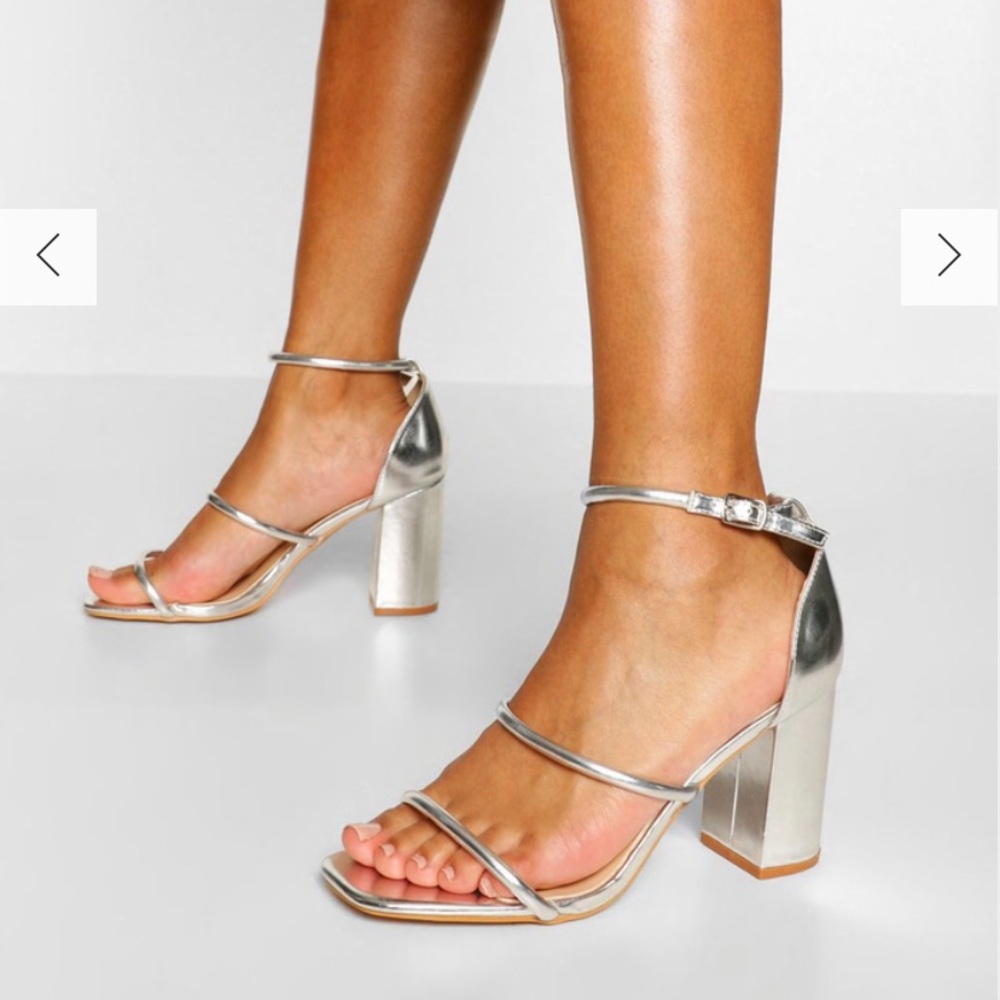 Silver metallic heels.